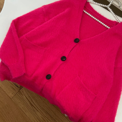 Load image into Gallery viewer, New Rose Red V-neck Single Breasted Knitted Cardigan Warm Tops Women Long Sleeve Loose Casual Sweater 2024 Autumn Winter Fashion
