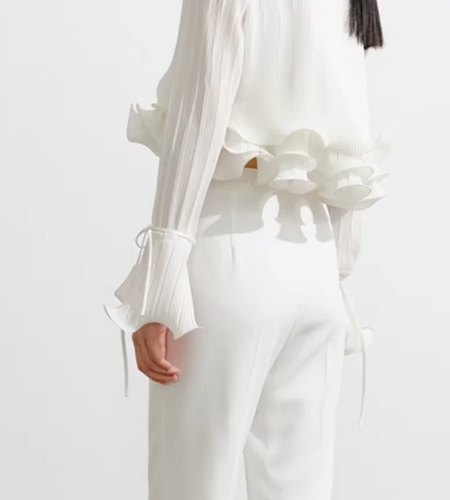 Solid Spliced Ruffles Slimming Blouses For Women V Neck Long Sleeve Temperament Shirts Female Fashion Style Clothes