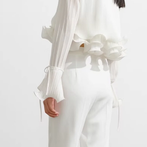 Load image into Gallery viewer, Solid Spliced Ruffles Slimming Blouses For Women V Neck Long Sleeve Temperament Shirts Female Fashion Style Clothes
