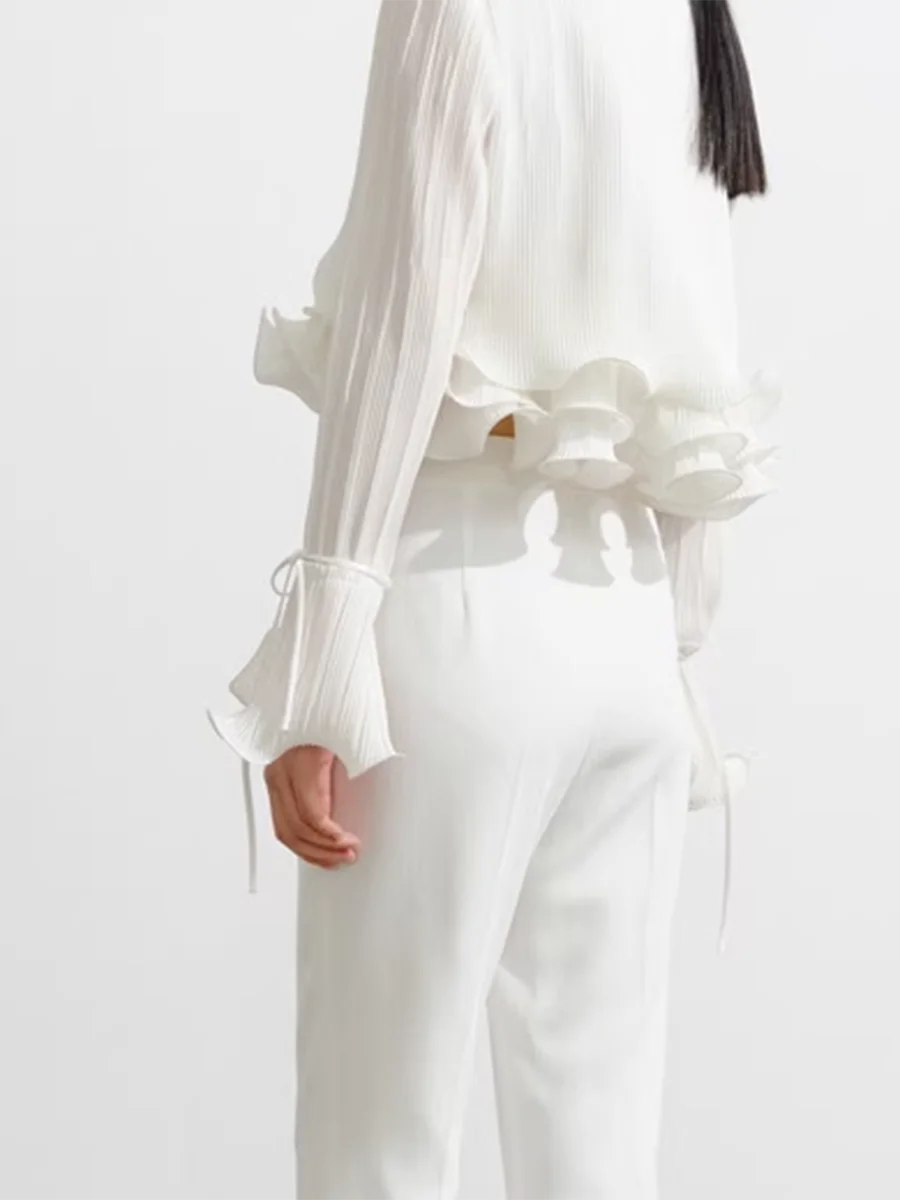 Solid Spliced Ruffles Slimming Blouses For Women V Neck Long Sleeve Temperament Shirts Female Fashion Style Clothes