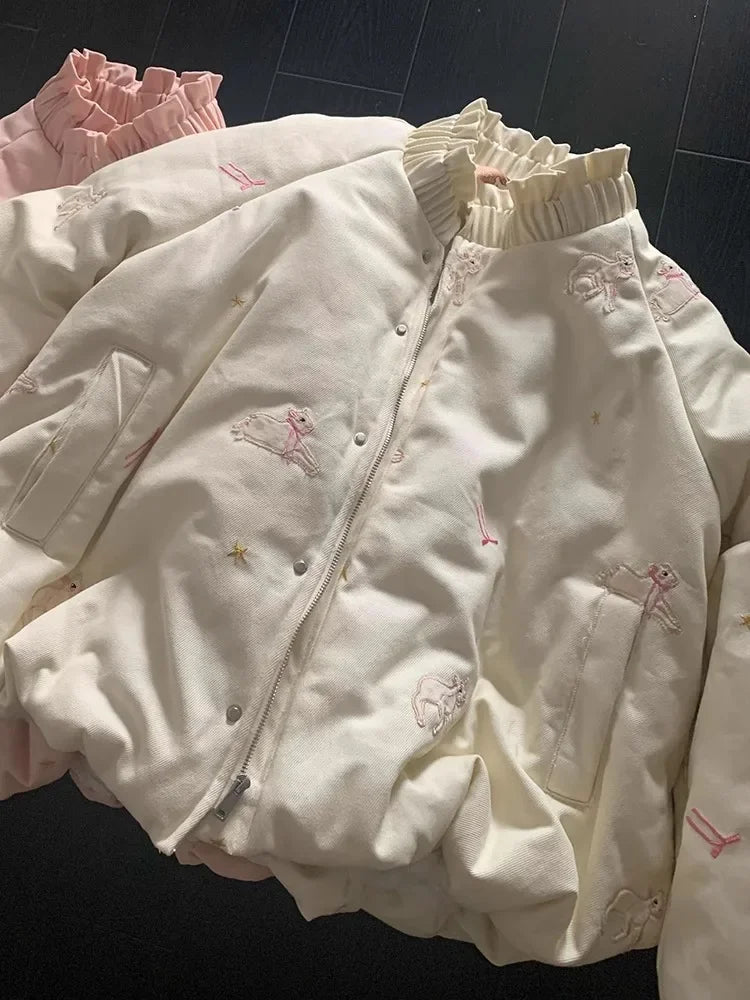 Embroidered Embroidered Sheep Parkas Winter Clothing for Women Thicked Warm Jackets Y2k Tops Fashion Stand Neck Loose Cute Coats