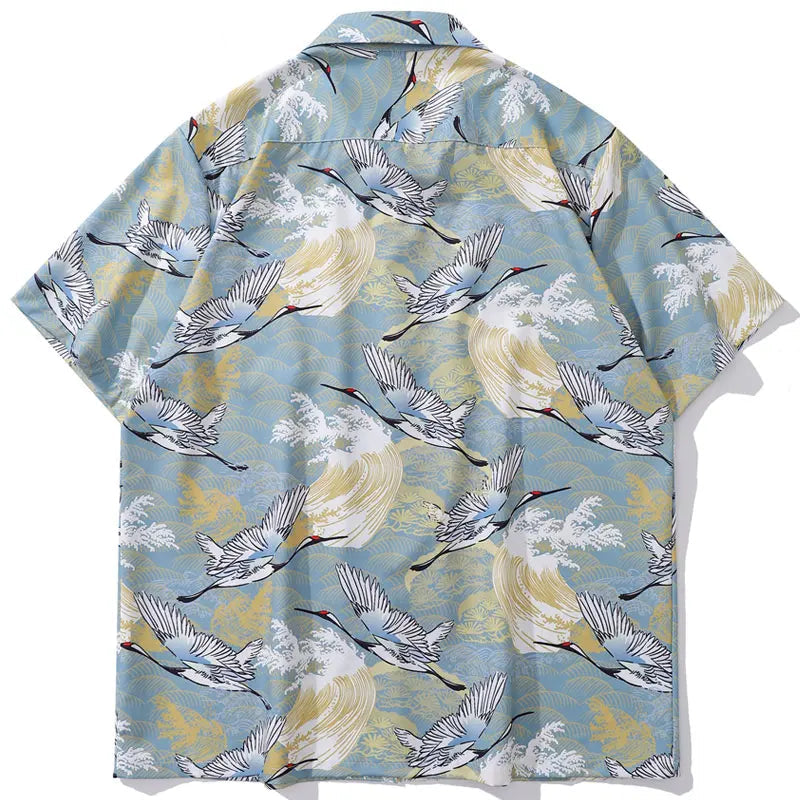 Harajuku Japanese Crane Graphic Print Shirts Y2K Men Summer Button Up Short Sleeve Blouse 2024 Hip Hop Casual Loose Tops Shirt