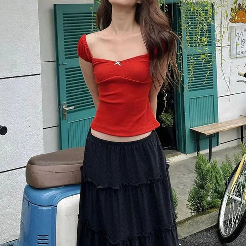 Load image into Gallery viewer, Square Neck Puff Sleeve Backless Cropped Top Y2k Clothing 2000s Red Ribbed T Shirts Girls Kawaii Clothes P33-AI10
