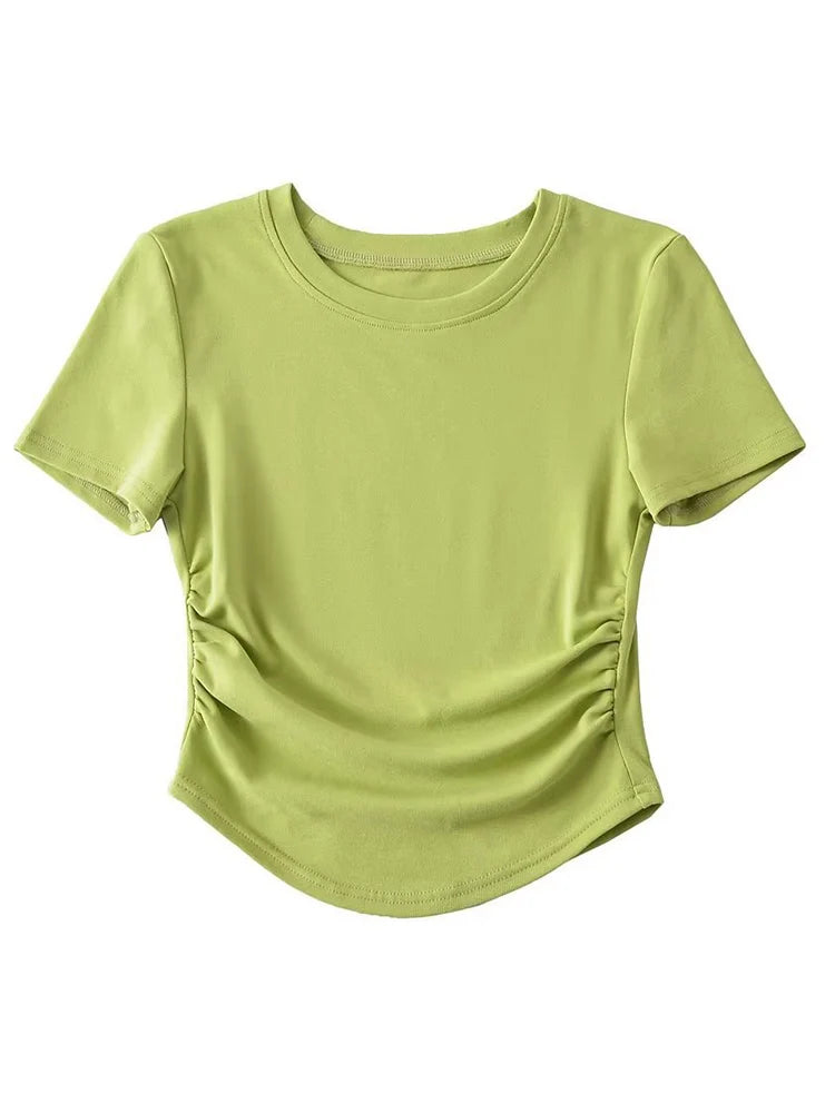 2024 Harajuku Women Crew Neck Short Sleeve Cotton Tee With Ruched Sides Detail T-shirts