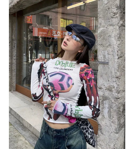 Y2k Tops Korean Fashion Women T Shirts Slim Waist Long Sleeve Tees Print Casual Summer Camisetas Crop T-shirt 2024 Ropa Mujer