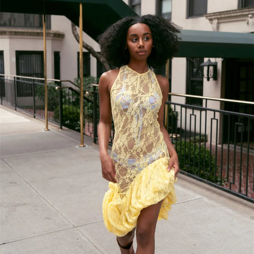 Load image into Gallery viewer, Lace See Through Ruffle Sexy Midi Dress Women Gown Summer Fashion High Waist Slim Thigh High Split Elegant Long Dress
