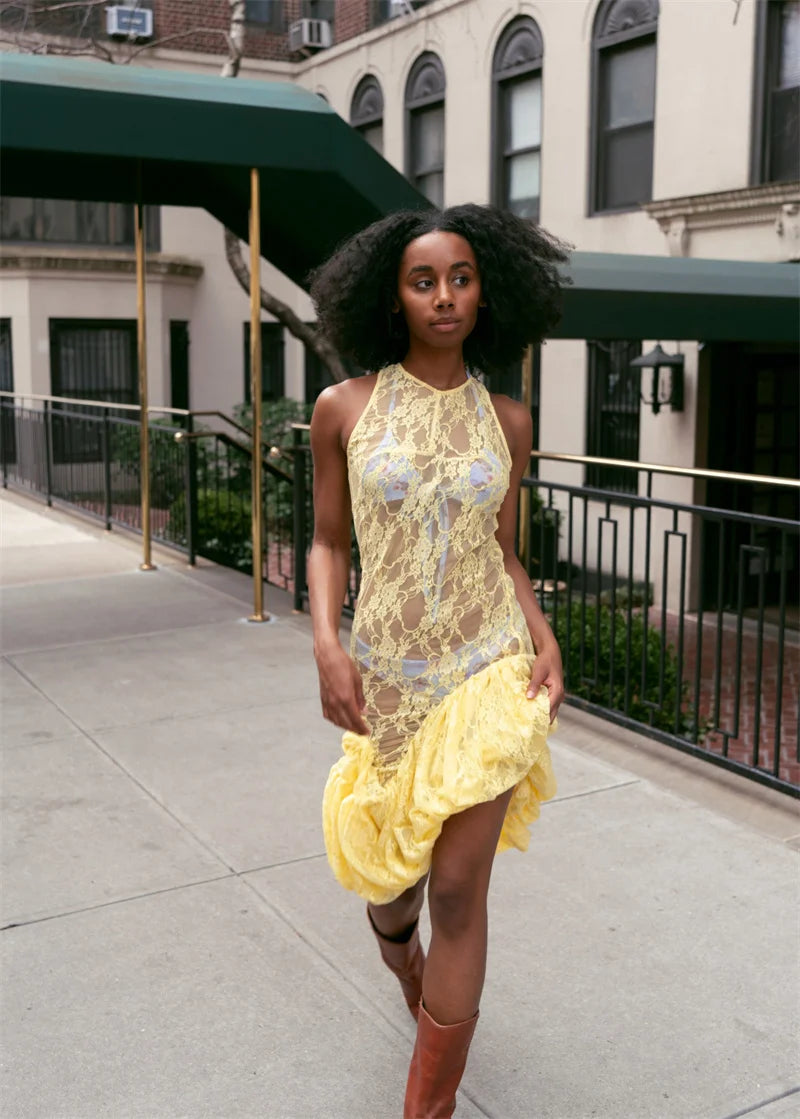 Lace See Through Ruffle Sexy Midi Dress Women Gown Summer Fashion High Waist Slim Thigh High Split Elegant Long Dress