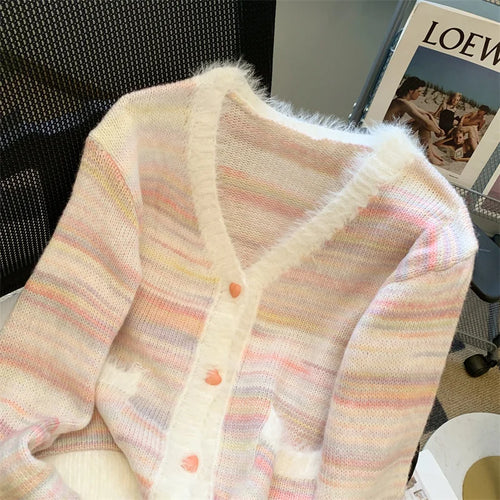 Load image into Gallery viewer, Autumn Winter Rainbow Striped Gradient Long Sleeved Short Hairy Sweater Women's V-neck Single Breasted Knit Pullover Tops 2024
