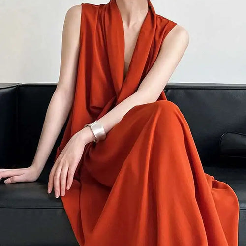 Load image into Gallery viewer, Women Orange Pocket Knot Elegant  Long Big Size Dress New V-Neck Sleeveless Fashion Tide Spring Summer 2025 1DH6380
