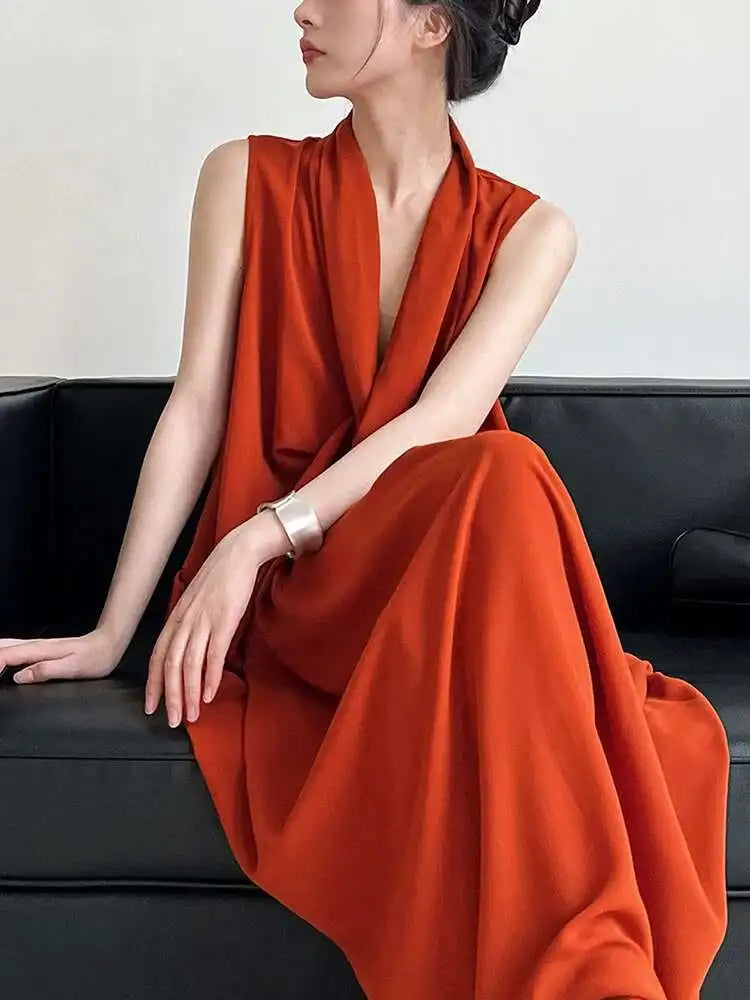 Women Orange Pocket Knot Elegant  Long Big Size Dress New V-Neck Sleeveless Fashion Tide Spring Summer 2025 1DH6380