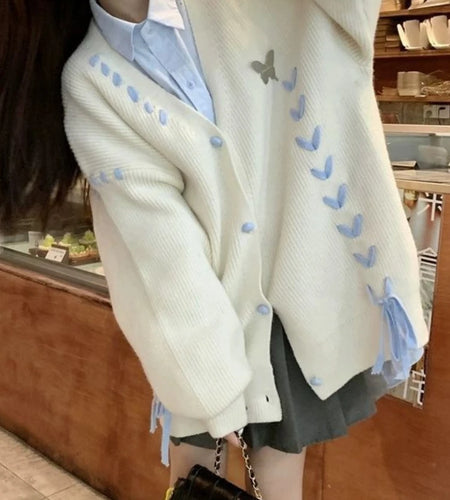 Autumn Grunge Butterfly Knitted Cardigans Y2k Aesthetic Single Breasted Coats Harajuku Bandage Women Kawaii JK Sweaters Jumper