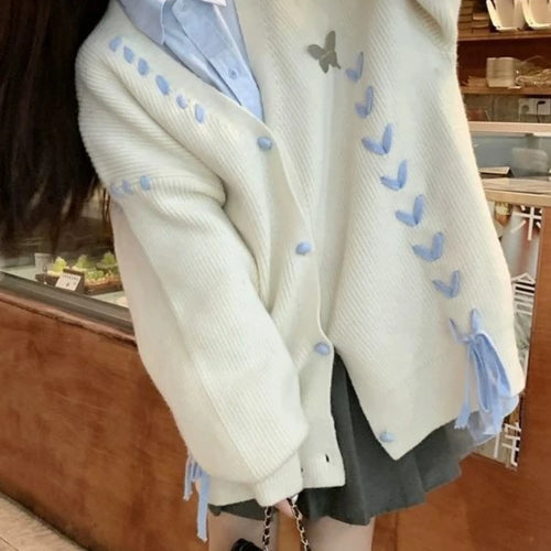 Load image into Gallery viewer, Autumn Grunge Butterfly Knitted Cardigans Y2k Aesthetic Single Breasted Coats Harajuku Bandage Women Kawaii JK Sweaters Jumper
