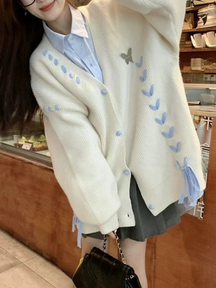Autumn Grunge Butterfly Knitted Cardigans Y2k Aesthetic Single Breasted Coats Harajuku Bandage Women Kawaii JK Sweaters Jumper