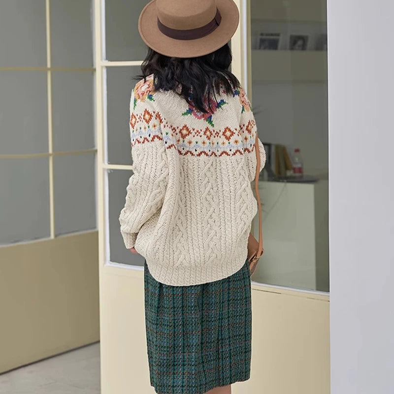 Autumn New Sweet Mori Style Handmade Embroidered Sweater Coat Round Neck Long Sleeve Cardigan Sweater C-176