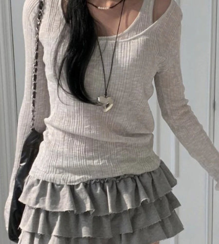 Two Pieces Set Autumn Simple Casual Long Sleeve Vintage Women T-shirts + Japanese Solid Bottoming Y2k Aesthetic All Match Tanks