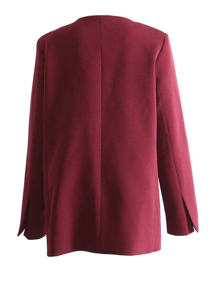 Women Wine Red Topstitched Big Size Elegant Blazer New V-neck Long Sleeve Jacket Fashion Tide Spring Autumn 2025 1DH7919