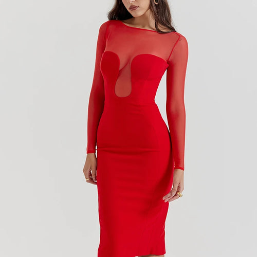Load image into Gallery viewer, Elegant Strapless Sexy Midi Dress For Women Fashion Sheer Long Sleeve Backless Split Bodycon Club Party Sexy Long Dress
