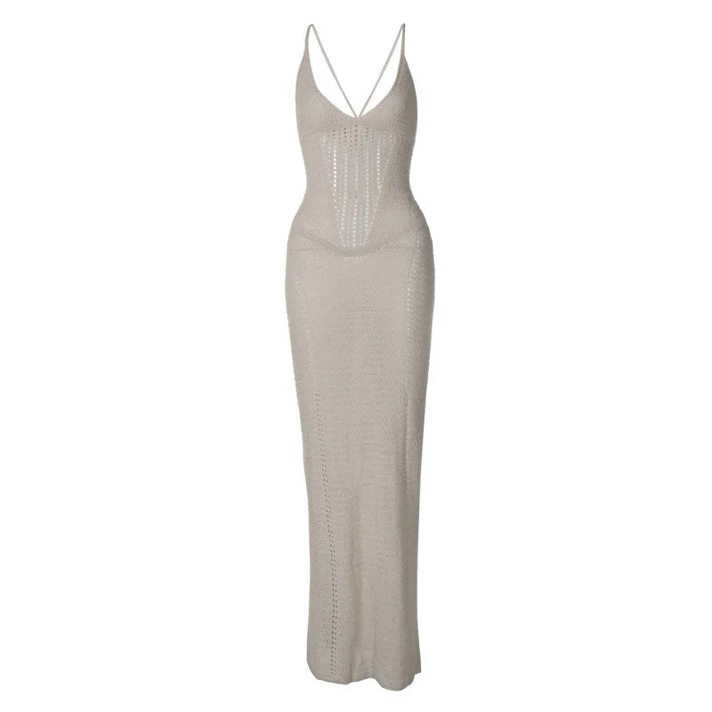 Hollow Out Backless Knit Dress For Women Spaghetti Strap Bandage Sleeveless Bodycon Club Party Sexy Long Dress Elegant