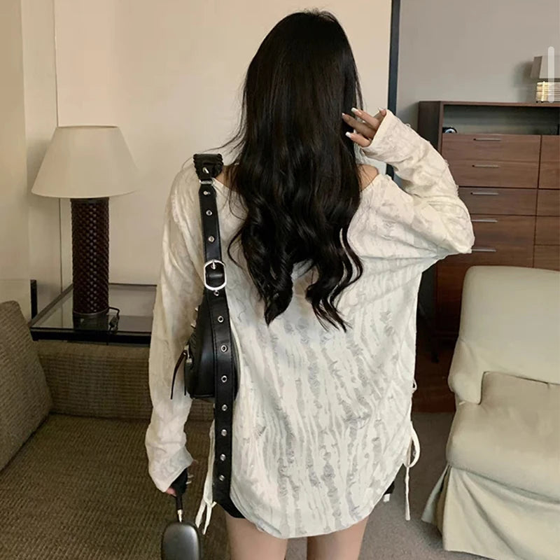 y2k Gothic Tops 2000s Women Clothes Drawstring Star Patch Ripped Long Sleeves T Shirts Grunge Clothing Streetwear