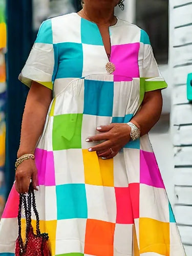 Summer Colorful Plaid Mini Dresses 2025 Woman Floral Motif Simple V-Neck Short Sleeves Shirt Dress for Casual Occasion