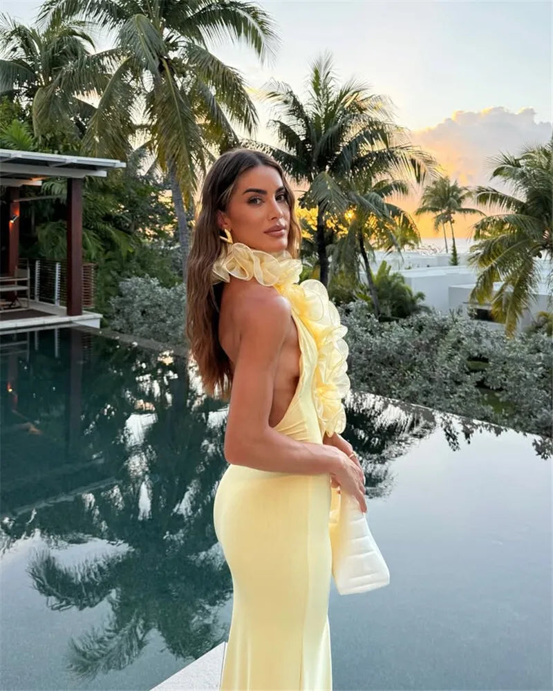 Mesh Rose Deep V Neck Sexy Maxi Dress For Women Gown Elegant Halter Sleeveless Backless Bodycon Club Party Long Dress