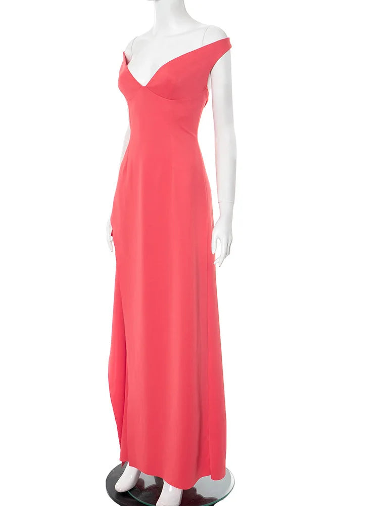 Off-shoulder Backless Split Sexy Maxi Dress Women Gown Pink Summer New Zipper Strapless Evening Club Party Long Dress