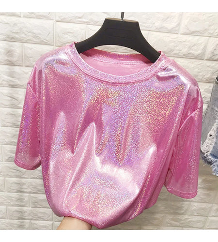 Summer retro style stylish bright silk woman tops shiny loose short sleeve t-shirt sexy club aesthetic harajuku women tshirt