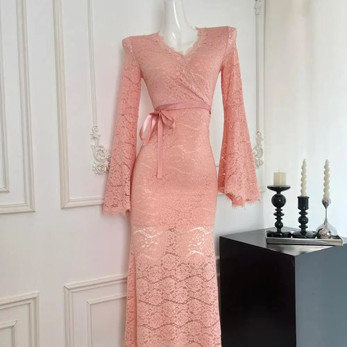 Load image into Gallery viewer, Autumn Winter Vintage Sweet Pink Lace V Neck Bandage Dress French Women's Elegant Long Sleeved Slim Birthday Party Dress Fashion
