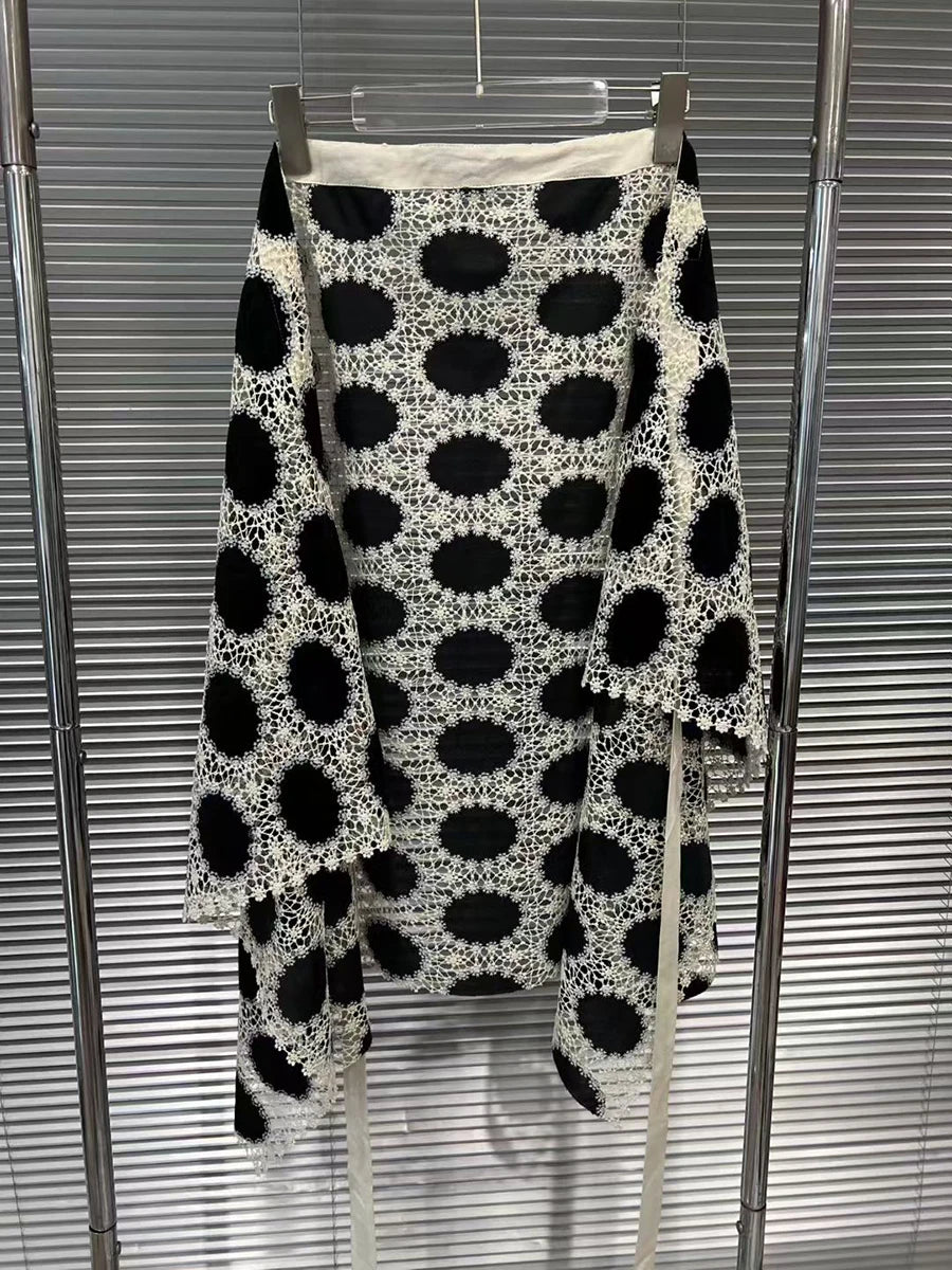 Hit Color Hollow Out Spliced Lace Up Fashion Fart Curtains for Women High Waist Irregular Fart Curtain Female New