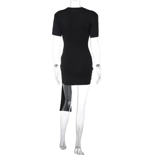 Load image into Gallery viewer, Short Sleeve Draped Sexy Mini Dress For Women Black Metal Buckle O Neck High Waist Bodycon Club Dress Vestido Clothes
