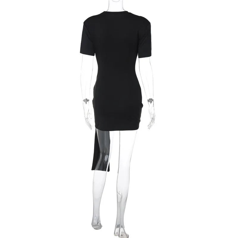 Short Sleeve Draped Sexy Mini Dress For Women Black Metal Buckle O Neck High Waist Bodycon Club Dress Vestido Clothes