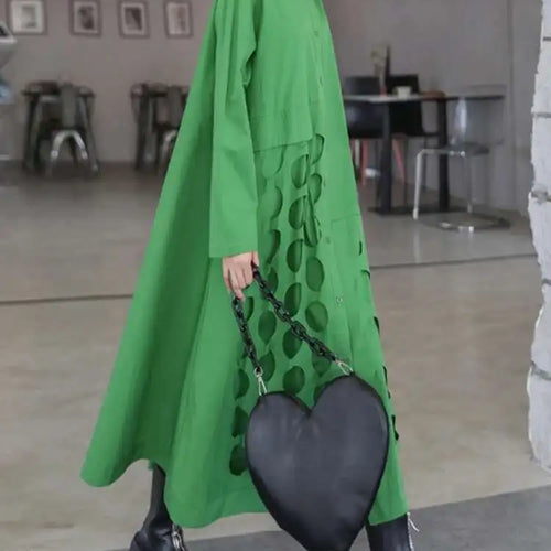 Load image into Gallery viewer, Women Black Hollow Out Big Size Midi Shirt Dress New Lapel Long Sleeve Loose Fit Fashion Tide Spring Autumn 2025 1DF6037
