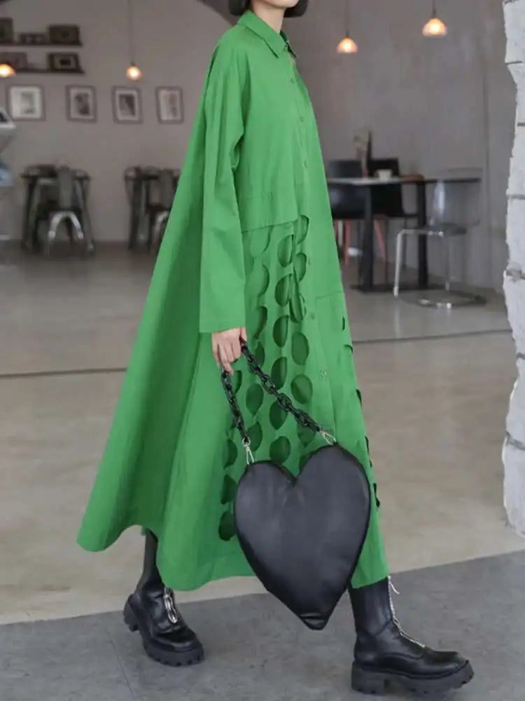 Women Black Hollow Out Big Size Midi Shirt Dress New Lapel Long Sleeve Loose Fit Fashion Tide Spring Autumn 2025 1DF6037