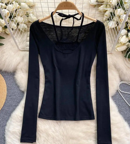 Korean Women's Black Hollow Out Halter Lace-up Short T Shirt Autumn Long Sleeve Slim Pullover Tops Simplicity Popular Clothing