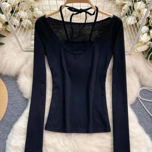 Load image into Gallery viewer, Korean Women's Black Hollow Out Halter Lace-up Short T Shirt Autumn Long Sleeve Slim Pullover Tops Simplicity Popular Clothing
