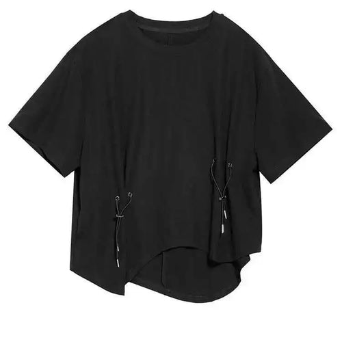 Load image into Gallery viewer, Women Black Irregular Big Size Casual T-shirt New O-Neck Short Sleeve Fashion Loose Fit Tide Spring Summer 2025 1DF6521
