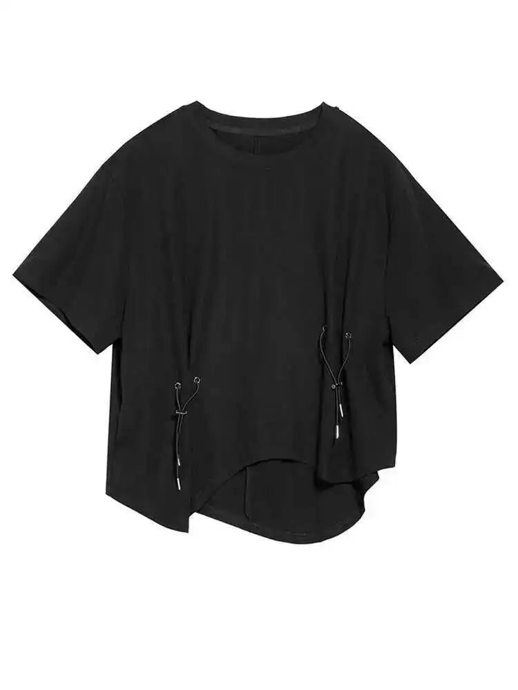 Women Black Irregular Big Size Casual T-shirt New O-Neck Short Sleeve Fashion Loose Fit Tide Spring Summer 2025 1DF6521