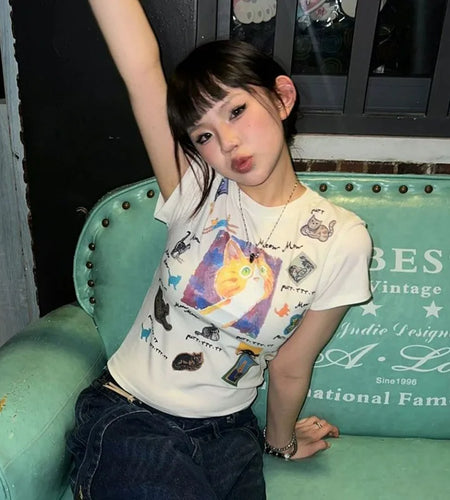 Japanese Y2k Cat Print T-shirt Trashy 2000s Style Crop Top Vintage Harajuku Short Sleeve Tee Shirt American Retro 90s