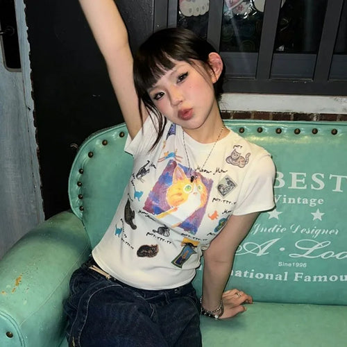 Load image into Gallery viewer, Japanese Y2k Cat Print T-shirt Trashy 2000s Style Crop Top Vintage Harajuku Short Sleeve Tee Shirt American Retro 90s
