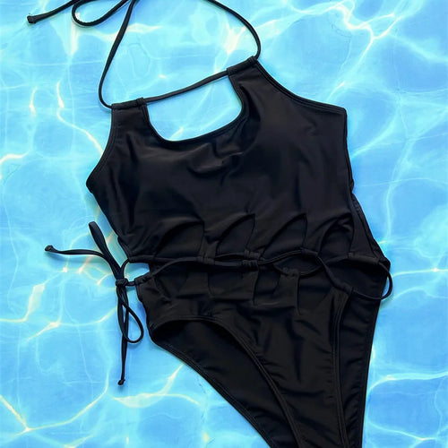 Load image into Gallery viewer, Black Halter One Piece Swimsuit 2024 Drawstring Swimwear for Women Sexy Hollow Out Bathing Suit High Waist Monokini
