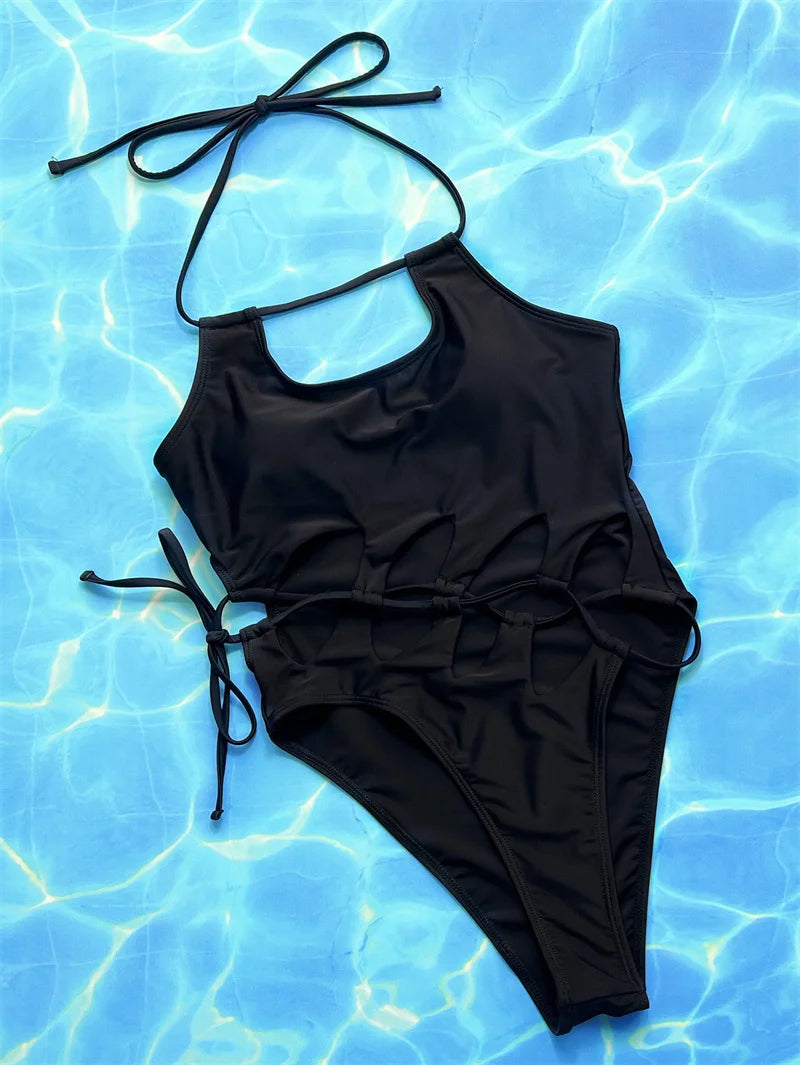 Black Halter One Piece Swimsuit 2024 Drawstring Swimwear for Women Sexy Hollow Out Bathing Suit High Waist Monokini