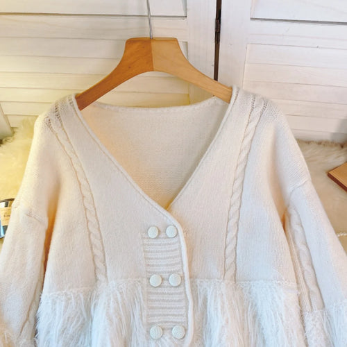 Load image into Gallery viewer, Korean Vintage White Double Breasted Festival Knit Cardigan Sweater Women Clothes Beige V Neck Long Sleeve Asymmetric Tops Trend
