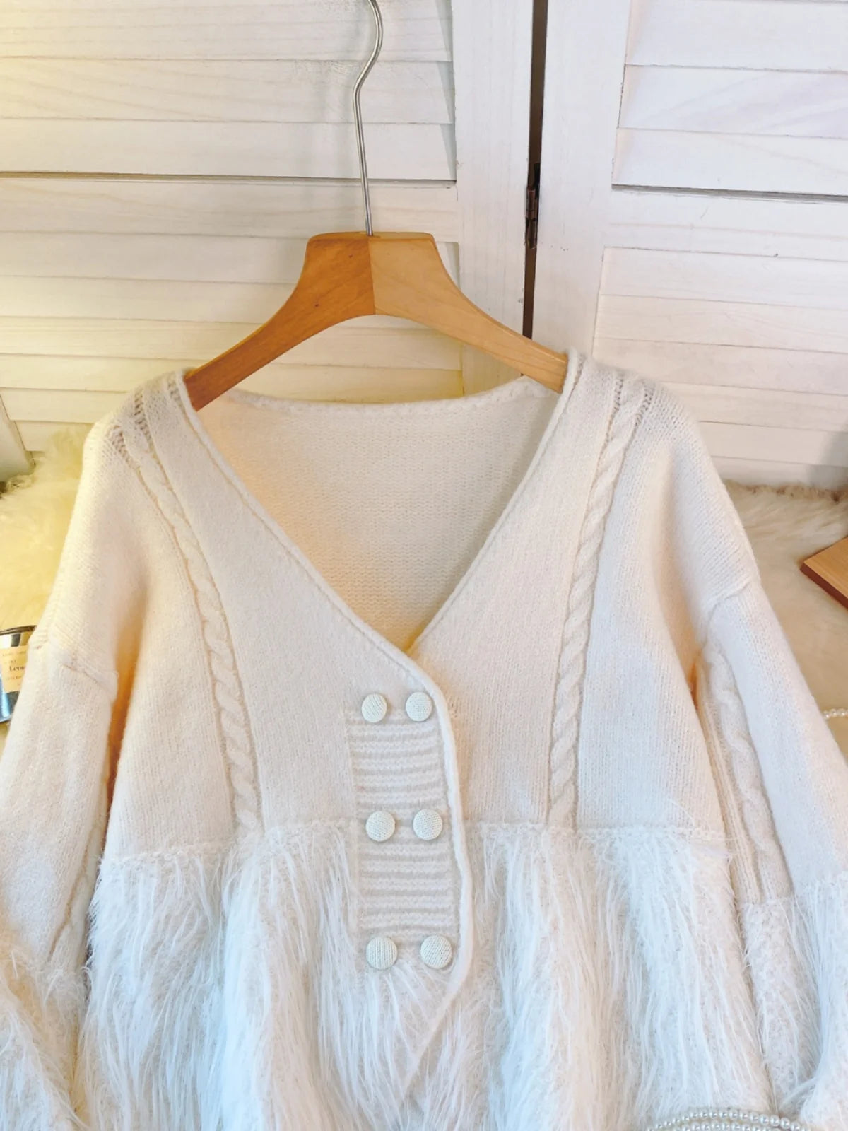 Korean Vintage White Double Breasted Festival Knit Cardigan Sweater Women Clothes Beige V Neck Long Sleeve Asymmetric Tops Trend