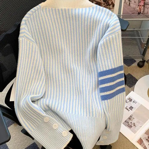 Load image into Gallery viewer, Pink Striped Single Breasted Cotton Sweater Women 2024 Autumn Winter New Blue Patchwork V-neck Knit Cardigan Tops Versatile Chic
