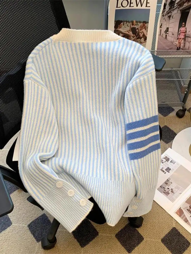 Pink Striped Single Breasted Cotton Sweater Women 2024 Autumn Winter New Blue Patchwork V-neck Knit Cardigan Tops Versatile Chic