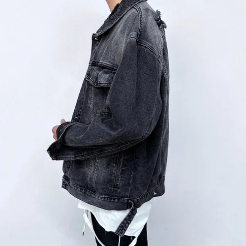 Load image into Gallery viewer, American Denim Jackets Holes Multi Pocket Lapel Solid Color Coats Button 2024 Single Breasted Tops Winter Loose Tide 9C8811
