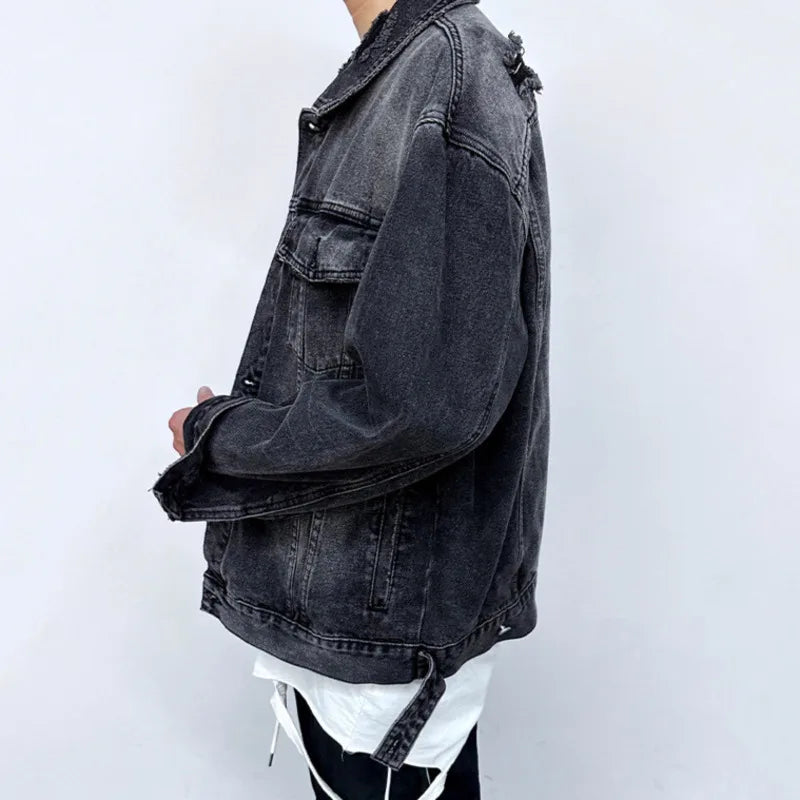 American Denim Jackets Holes Multi Pocket Lapel Solid Color Coats Button 2024 Single Breasted Tops Winter Loose Tide 9C8811