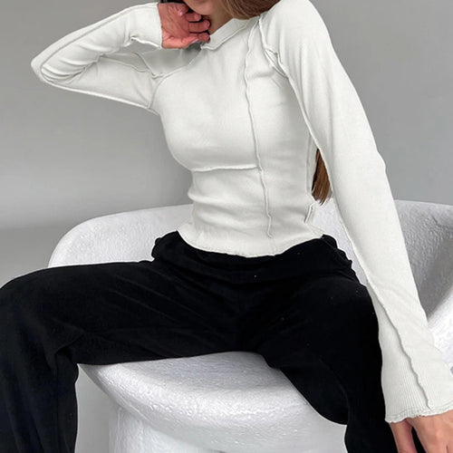 Load image into Gallery viewer, Streetwear Stitch Autumn Pullover Top Solid Basic Knit Stand Collar Autumn Female T-shirts Sweats Ruched Harajuku New
