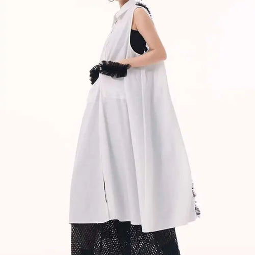 Load image into Gallery viewer, Women White Mesh Color-block Backless Big Size Shirt Dress New Lapel Sleeveless Fashion Tide Spring Summer 2025 1DH9518
