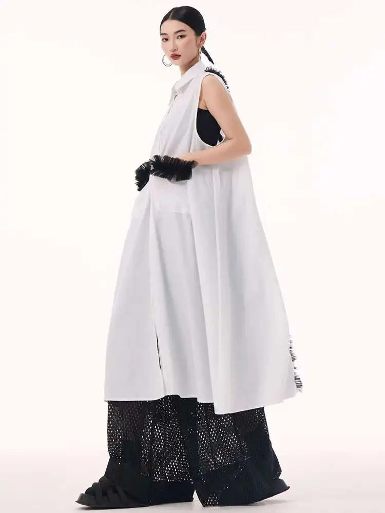 Women White Mesh Color-block Backless Big Size Shirt Dress New Lapel Sleeveless Fashion Tide Spring Summer 2025 1DH9518